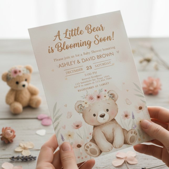 Convites um ursinho Chuveiro de Bebê Floral Neutro em Gêner (Criador carregado)