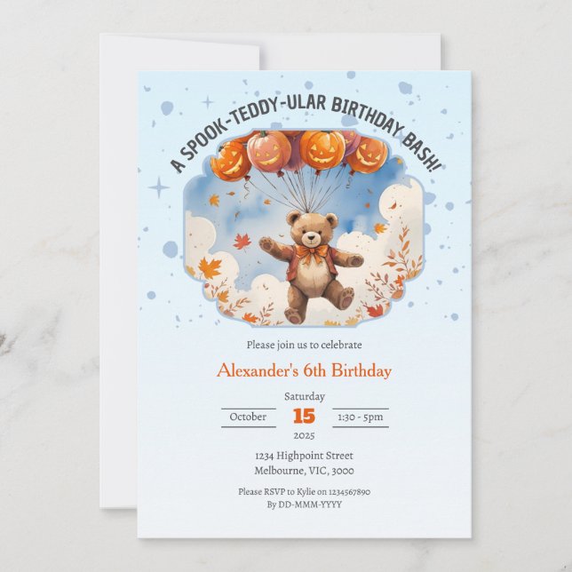 Convites Um Ursinho-Spook, Boys de Bacia de Aniversário (Frente)