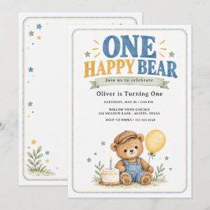 Convites Um Urso Feliz Azul Menino Primeiro Aniversário com