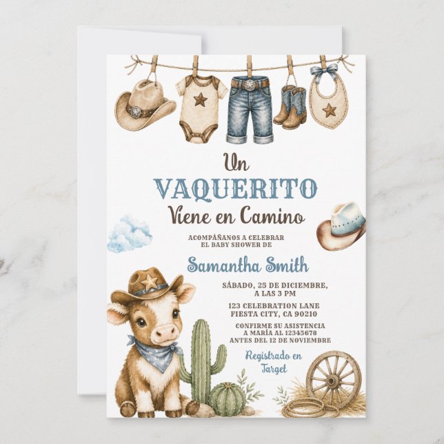 Convites Um Vaquerito Vem a Caminho Chuvinha de Bebê Espanh (Frente)