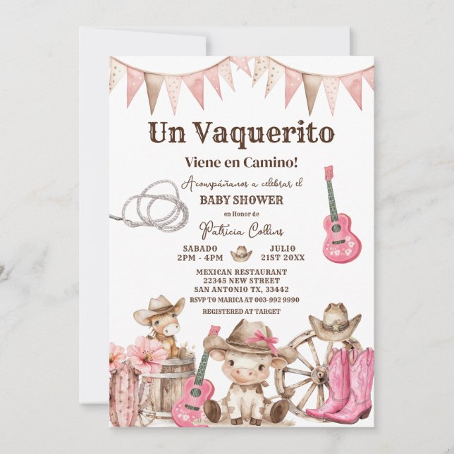 Convites Um Vaquerito Vem a Caminho Menina Chuveiro de Bebê (Frente)
