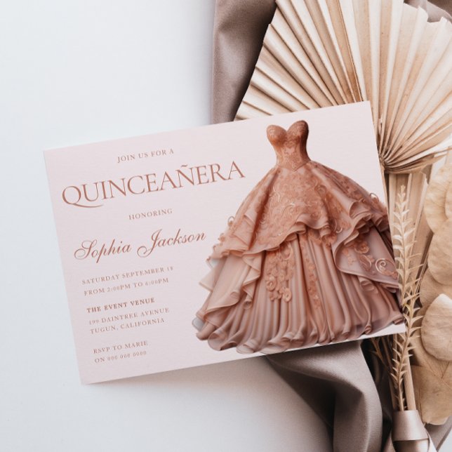 Convites Um vestido Dourado de Rosa encantado Quinceanera (Criador carregado)
