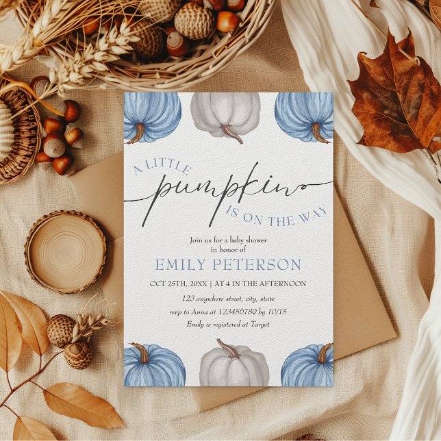 Convites Uma abóbora | Chá de fraldas de queda (little pumpkin is on the way boy baby shower invitation fall themed)