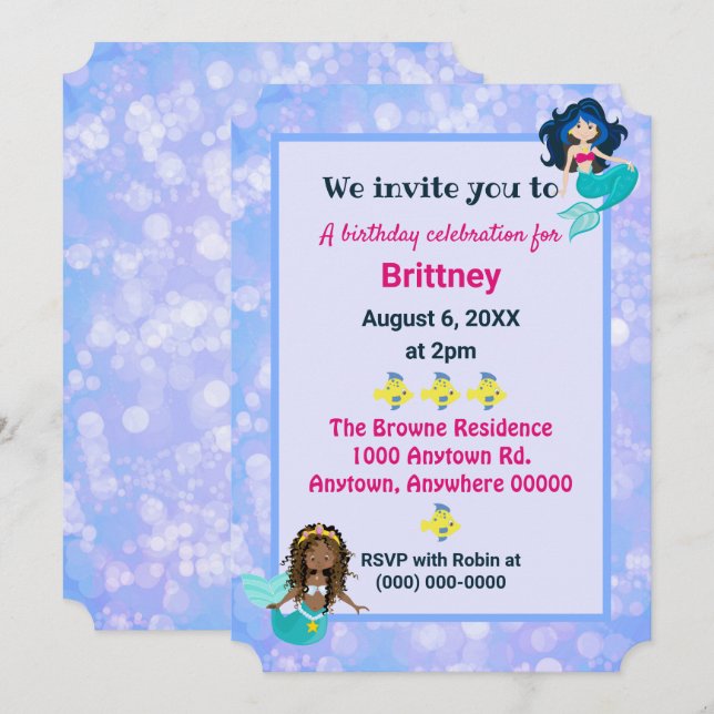 Convites Uma bela design de aniversário de sereia (Frente/Verso)