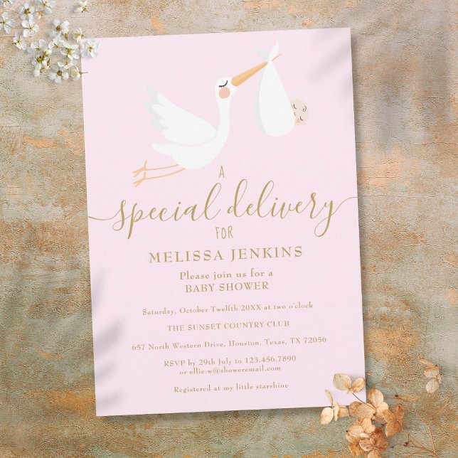 Convites Uma Entrega Especial Cegonha Chuveiro de Bebê Rosa (A Special Delivery Stork Baby Shower / Sprinkle Invitation)