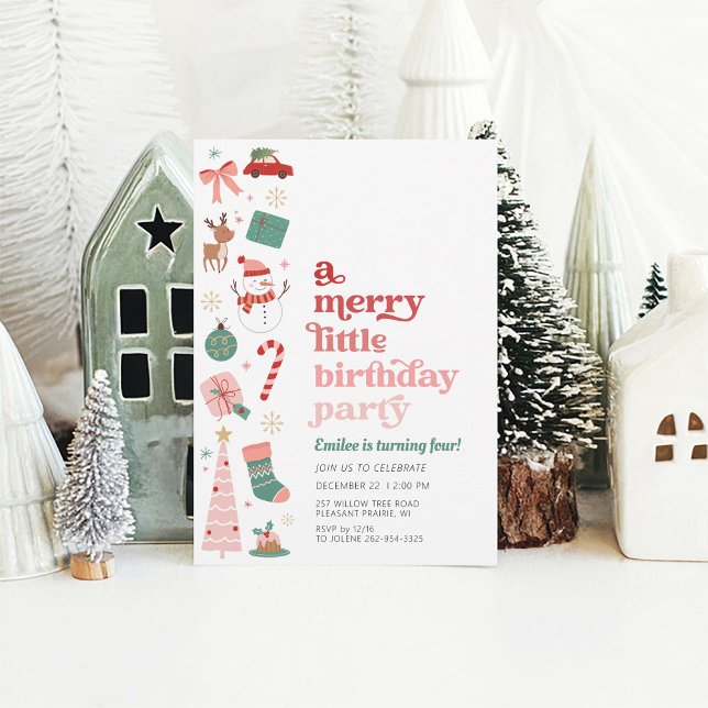Convites Uma Feliz de Festa de aniversário de Natal Rosa (A Merry Little Birthday Party pink and red invitation for girl December Christmas Holiday birthday)