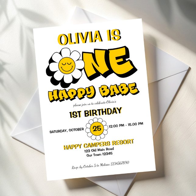 Convites Uma festa de primeiro aniversario retrô de margari (One happy babe retro groovy daisy girls 1st birthday party invitation template yellow and black)