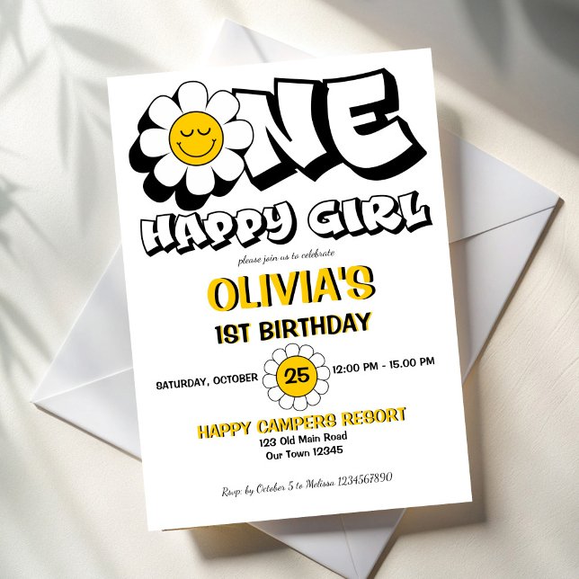 Convites Uma festa de primeiro aniversario retro de margari (One happy girl retro daisy girls 1st birthday party invitation template cute black and white groovy)