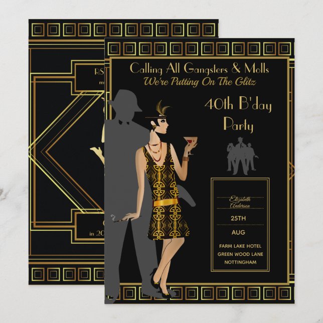 Convites Uma Festa do Roaring Twenties, Gângster Flapper De (Frente/Verso)