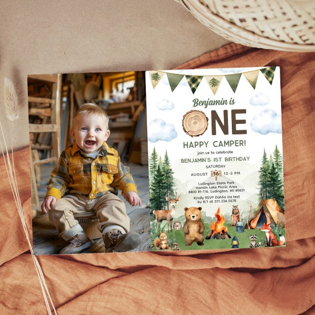 Convites Uma Foto do primeiro aniversario de Camper Feliz (One Happy Camper 1st Birthday Photo Invitation
)
