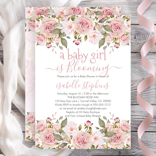 Convites Uma Garota Bebê É Um Chá de fraldas Floral Rosa Qu (A Baby Girl Is Blooming Pink Roses Floral Baby Shower Invitation - Print | Digital Download)