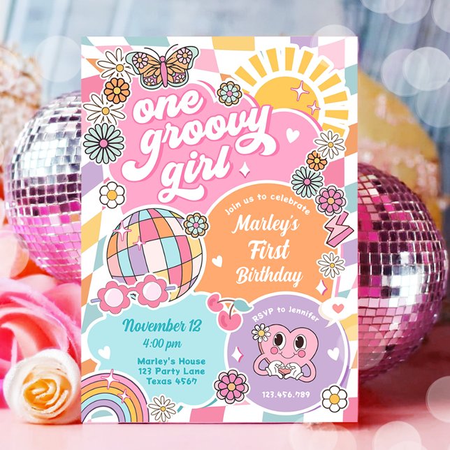 Convites Uma Garota de Groovy Retro Pré-Papoila Varsity Ani (Criador carregado)