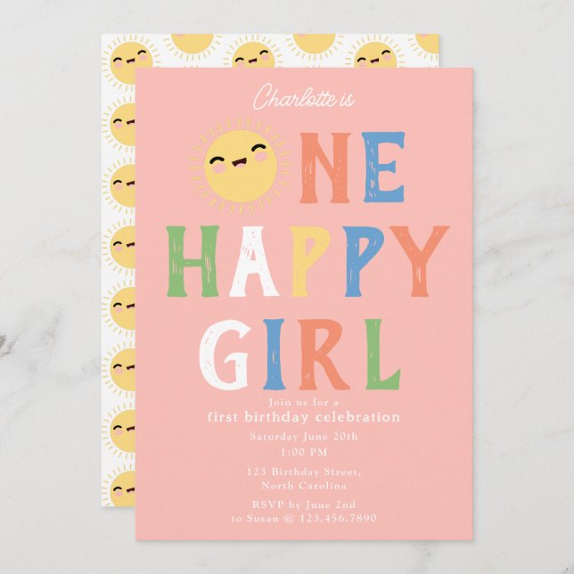 Convites Uma Garota Feliz Aniversário Convidar Sol primeiro (Frente/Verso)