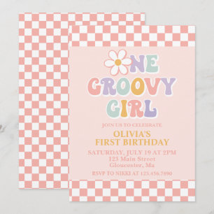 Convites Uma Garota Groovy Retro Garota Primeiro Aniversári