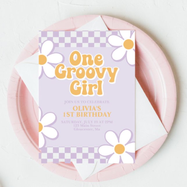 Convites Uma Garota Groovy Xadrez Lilás Daisy Retro (Criador carregado)