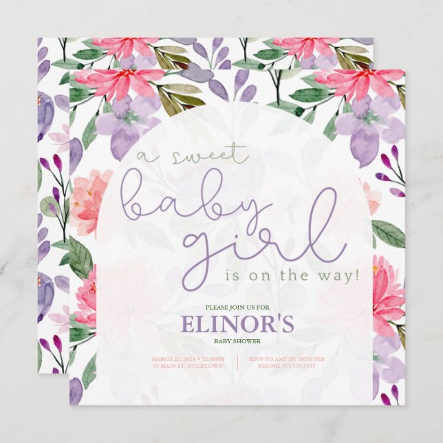 Convites Uma Menina Doce Roxo e Chá de fraldas Floral Rosa (Frente/Verso)