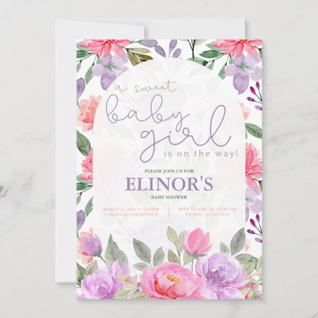 Convites Uma Menina Doce Roxo e Chá de fraldas Floral Rosa (Frente)