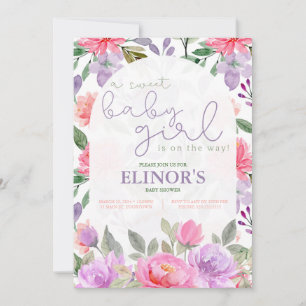 Convites Uma Menina Doce Roxo e Chá de fraldas Floral Rosa