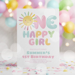 Convites Uma Menina Feliz Sol 1º Aniversário Rosa Azul