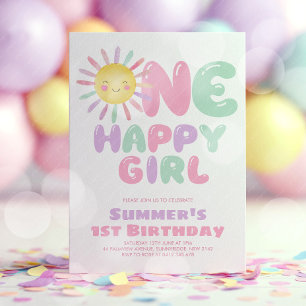 Convites Uma Menina Feliz Sol 1º Aniversário Rosa Verde