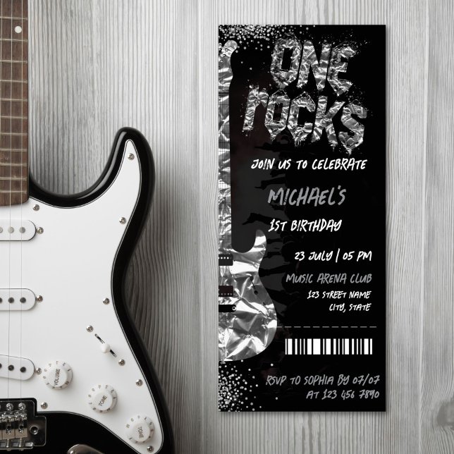Convites Uma Música Rocks Pensava Que Era Um Bilhete De Con (SILVER ELECTRIC GUITAR WITH GLITTER ON THE BLACK BACKGROUND ROCK CONCERT INVITATION)