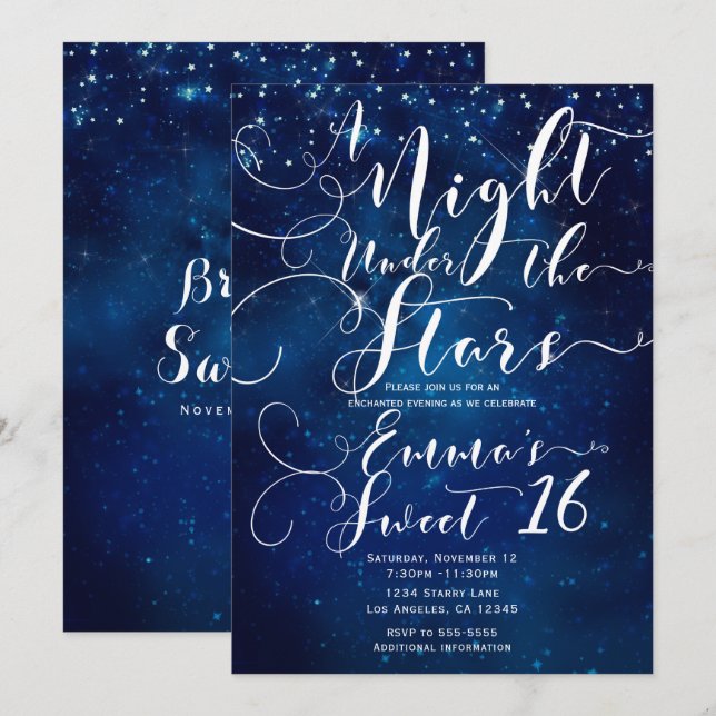 Convites UMA NOITE SOB AS ESTRELAS Céu Azul Estrelado Sweet (Frente/Verso)
