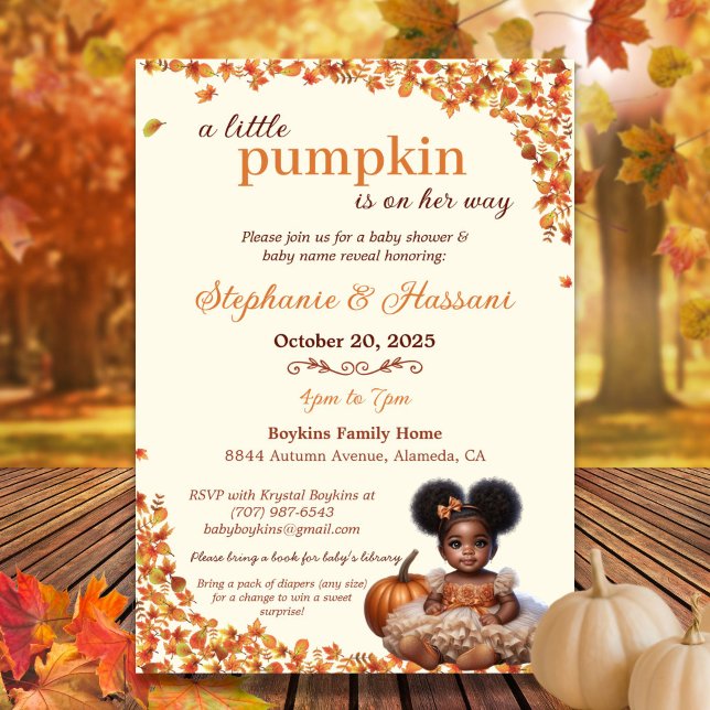 Convites Uma Pequena Abóbora Está a Caminho Da Menina Puff (Celebrate your little pumpkin's arrival with this sweet Afro puff baby girl baby shower invitation!)