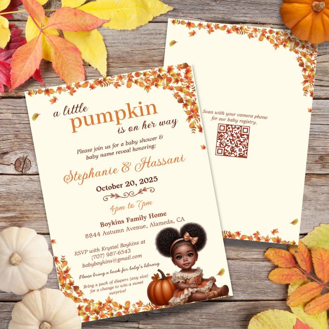 Convites Uma Pequena Abóbora Está a Caminho Da Menina Puff (Celebrate your little pumpkin's arrival with this sweet Afro puff baby girl baby shower invitation!)