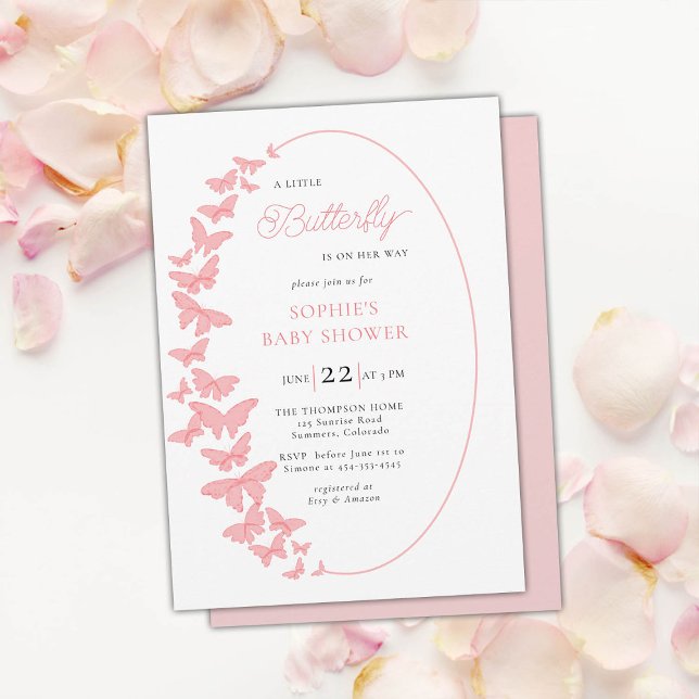 Convites Uma Pequena Chá de fraldas De Garota Rosa-Rosa-Boh (little butterfly baby girl shower invitation boho chic romantic coral pink whimsical elegant classy )