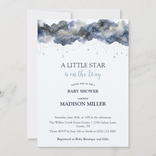 Convites Uma Pequena Estrela Chuva de Bebê Marinha Celestia (Frente)