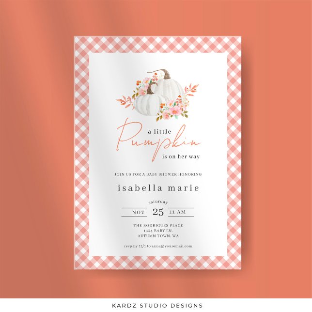 Convites Uma pequena festa de chá de bebê de abóbora de out (Invitation is shown in 5 x 7 in. Personalize and choose paper and corner style.)