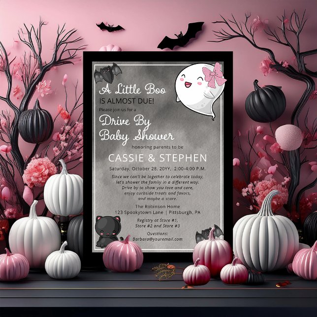 Convites Uma Pequena Garota Fantasma De Boo Dirigindo Por C (Cute "A Little Boo" "Drive By Baby Shower" Girl Coquette Ghost Kawaii Baby Shower Invitation)
