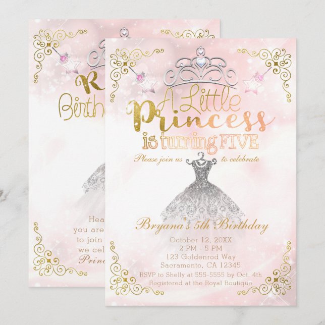 Convites Uma Pequena Princesa completando CINCO anos Festa  (Frente/Verso)