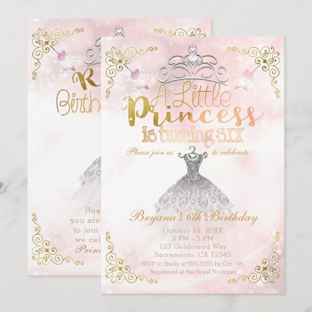 Convites Uma Pequena Princesa completando SEIS anos Festa d (Frente/Verso)