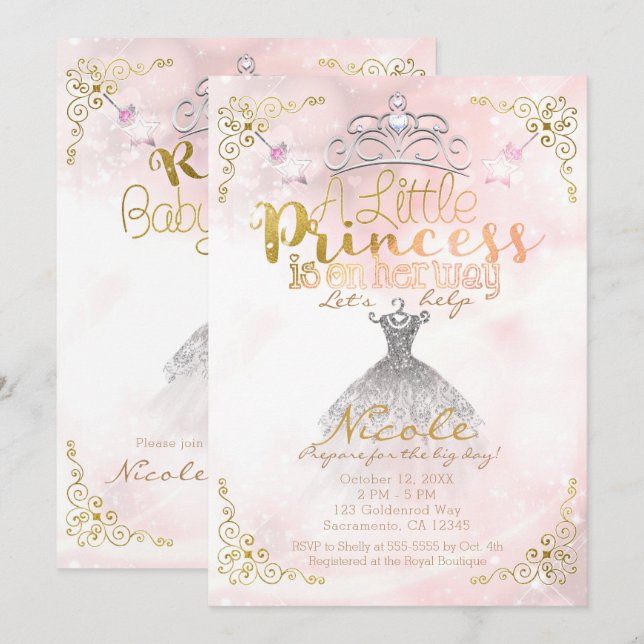 Convites Uma pequena princesa está a caminho Chuveiro de Be (Frente/Verso)