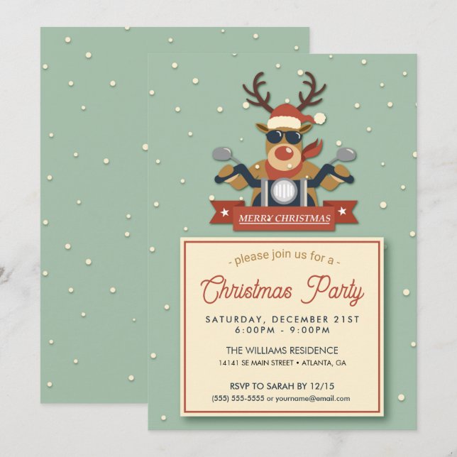 Convites Uma rena vestindo óculos de sol em motocicleta (Frente/Verso)