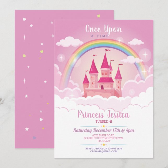 Convites Uma vez no Time Princess Birthday Castle (Frente/Verso)