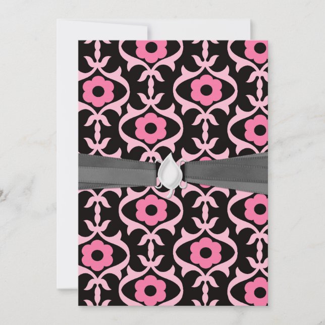 Convites umdamasco de flores rosa-chic em preto (Frente)