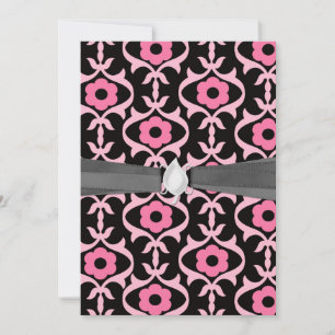 Convites umdamasco de flores rosa-chic em preto
