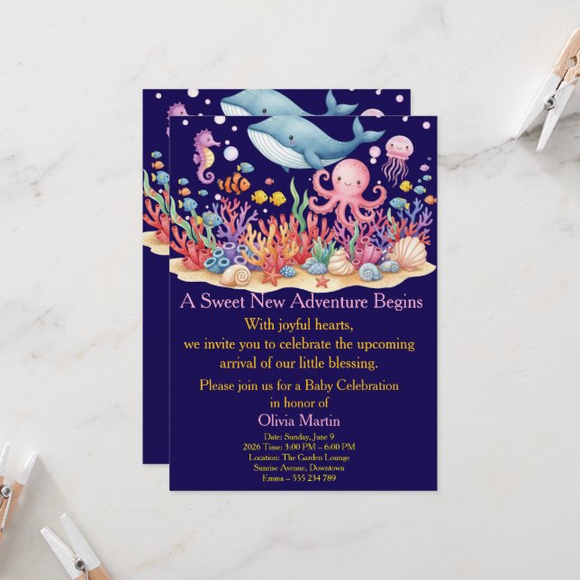 Convites Under Sea Whale Baby Shower Custom Invitation (Frente/Verso In Situ)