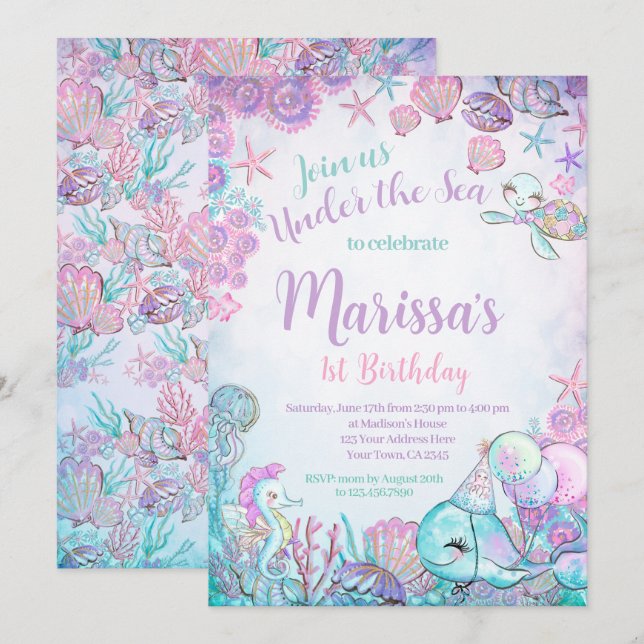 Convites Under the Sea Animals Birthday Invitation (Frente/Verso)