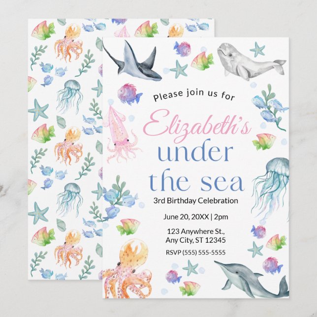 Convites Under the Sea Birthday Invitation (Frente/Verso)