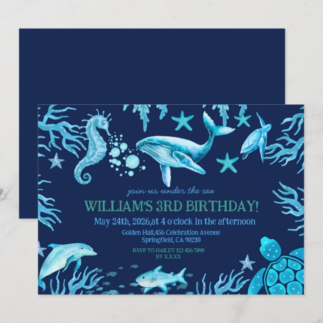 Convites Under the Sea birthday invitation, ocean boy  (Frente/Verso)