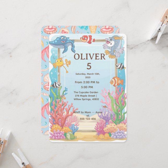 Convites Under the Sea Birthday Invitation, Oliver 4th  (Frente/Verso In Situ)