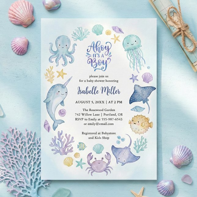 Convites Under the Sea Blue Ahoy It's a Boy Baby Shower (Under the Sea Blue Ahoy It's a Boy Baby Shower Invitation)