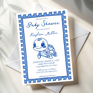 Convites Under the sea blue cute turtle baby shower