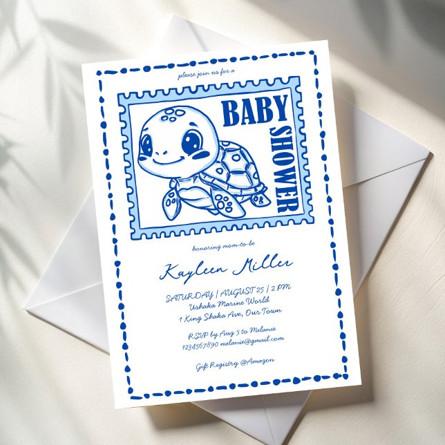 Convites Under the sea blue cute turtle baby shower (Under the sea blue cute turtle baby shower invitation cards template hand drawn post stamp turtle)