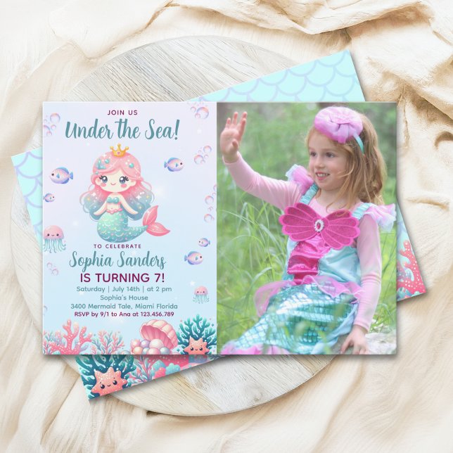 Convites Under the sea Mermaid Birthday Girl with Photo (Criador carregado)