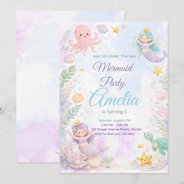 Convites Under The Sea Mermaid Birthday Invitation (Frente/Verso)