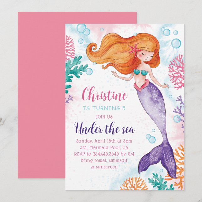Convites Under The Sea Mermaid Girls Birthday Party (Frente/Verso)